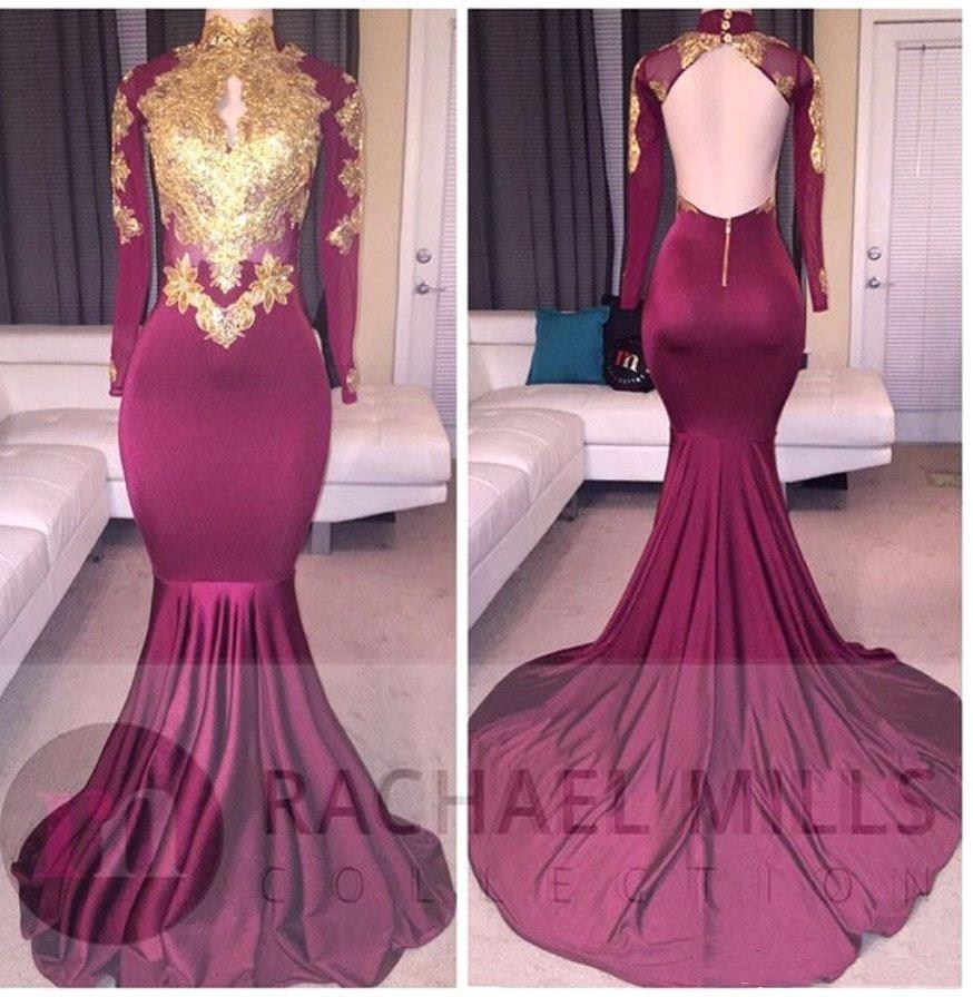 2018 High Neck Burgundy Long Sleeves With Gold Lace Appliques Slim Prom Dresses Beading Court Train Girls Evening Party Gowns Open Backless, Lilac
2018 High Neck Burgundy Long Sleeves With Gold Lace Appliques Slim Prom Dresses Beading Court Train Girls Evening Party Gowns Open Backless, Lilac
