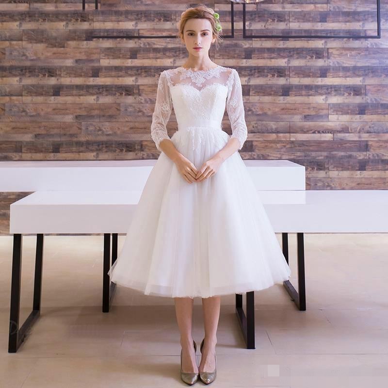 Beach Knee Length Lace Tulle Wedding Dresses Vintage Sheer 3/4 Sleeves Appliques With Bow Sash Bohemian Bridal Gowns Cheap Mm38 0510