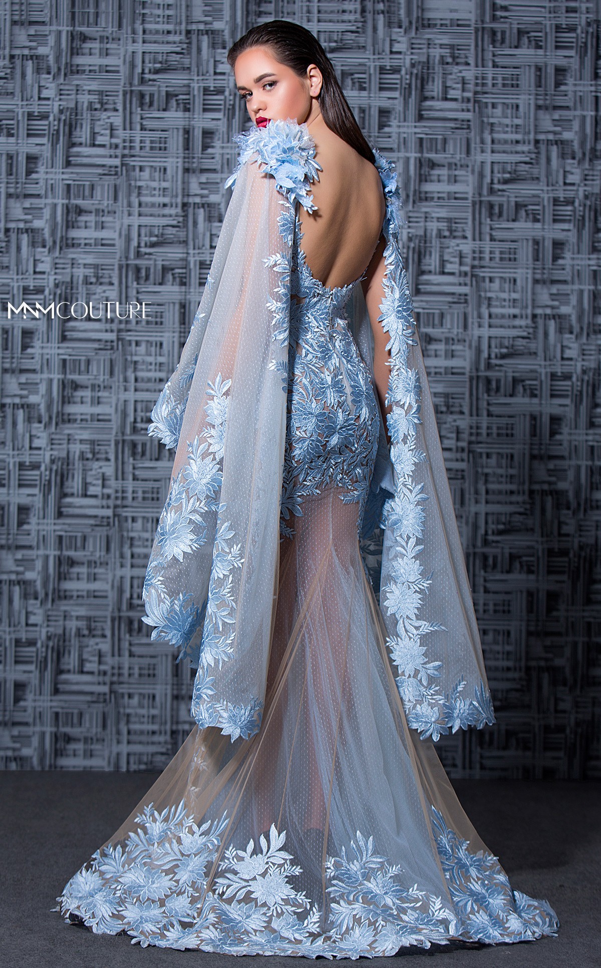 MNM Couture Mermaid Prom Dresses Lace Applique V Neck Sweep Train 3D Floral Flower Illusion Luxury Evening Gowns Formal Dress Evening Party