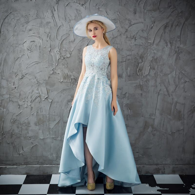 Light Sky Blue Short Front Long Back Prom Dresses Applique Lace High Low Evening Formal Dress Lebanon Satin Party Dress