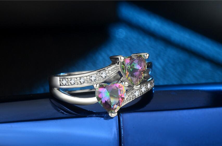 Hot Sell Cute Fashion Jewelry 925 Sterling Silver Double Heart Color Rianbow Gemstones Women Wedding Engagement Band Ring For Lovers' Gift