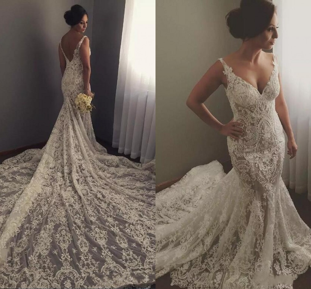 2018 Sexy Plus Size Mermaid Wedding Dresses Spaghetti Straps V Neck Illusion Full Lace Applique Beaded Cathedral Train Backless Bridal Gowns, White
2018 Sexy Plus Size Mermaid Wedding Dresses Spaghetti Straps V Neck Illusion Full Lace Applique Beaded Cathedral Train Backless Bridal Gowns, White