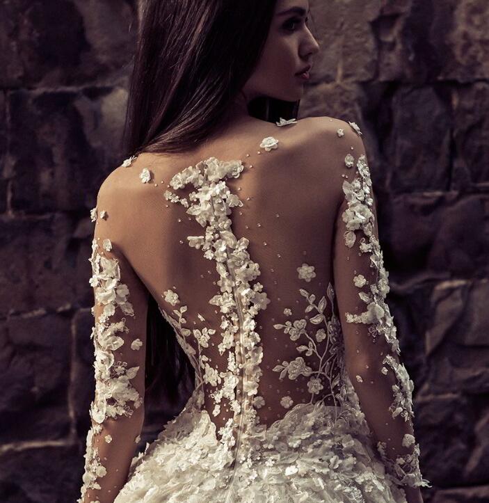 Luxury Wedding Dress 2019 Sheer Neck Long Sleeves robe de mariée 3D Floral Appliques Beaded Chapel Train Castle Wedding Dresses Bridal Gowns