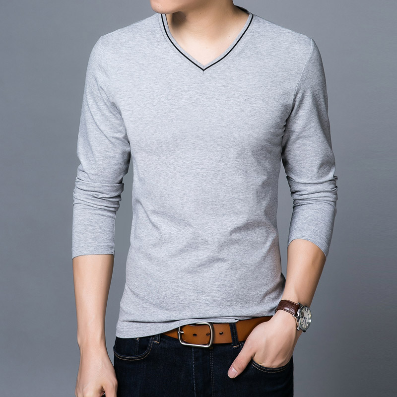 2018 New Fashion Brand Tshirt Mens V Neck Cotton Tops Street Style Trends V Neck Solid Color Long Sleeve T-Shirt Men Clothing