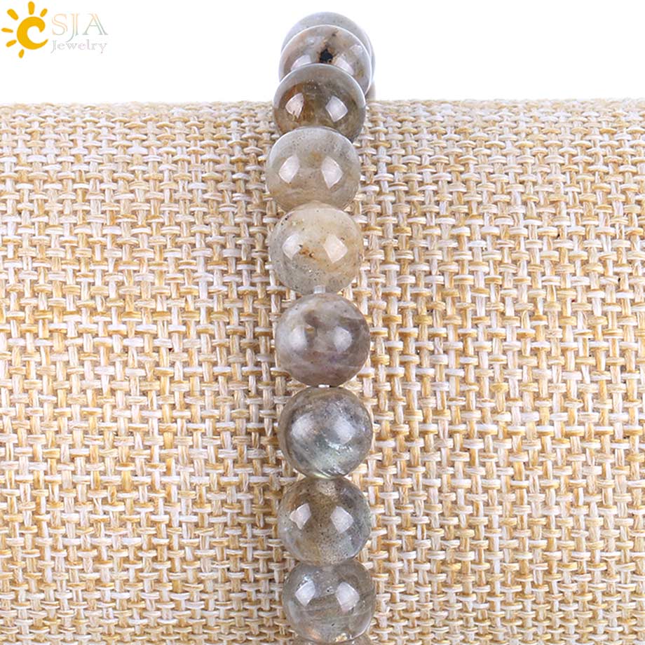 CSJA Natural Labradorite Spectrolite Women Bracelets Bangles Gemstone Mala Beads Tree of Life Charm Reiki Healing Meditation Jewel