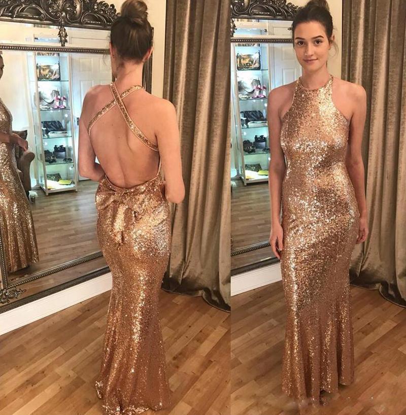 Sparkling Gold Sequined Mermaid Long Prom Dresses Sexy Criss Cross Backless Maid of Honor Dress Formal Evening Party Gowns