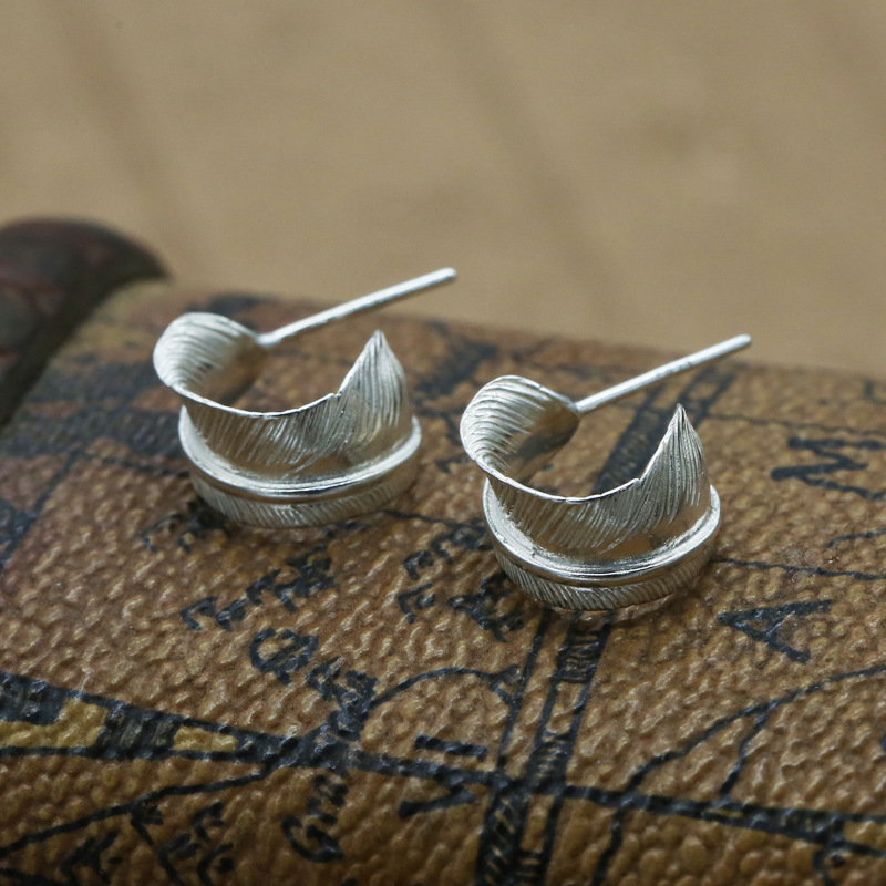 Brand new 925 sterling silver vintage jewelry American European antique silver hand-made designer feather stud earrings for women