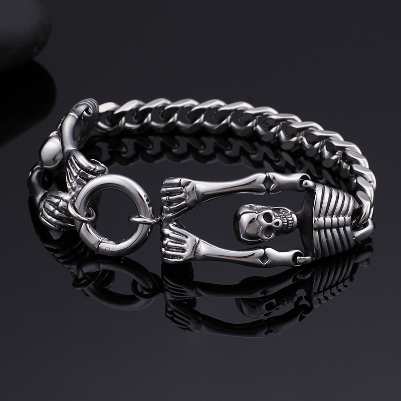 Double Skeleton Stainless Steel Bracelet Punk Men's Ancient Silver Thick Heavy Hip Hop Rock Bangle Jewelry