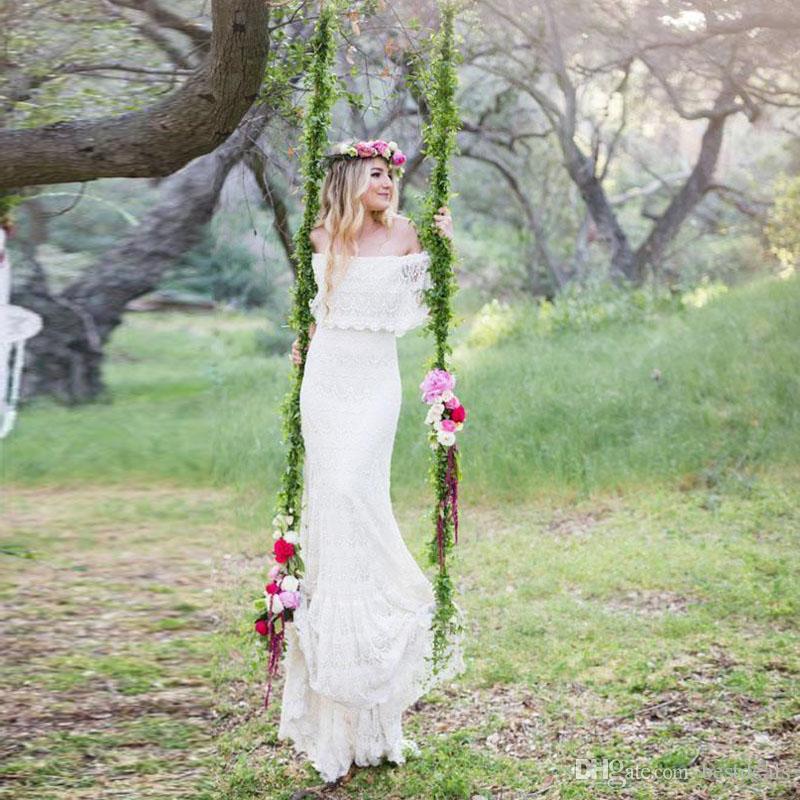 Style Romantic Country Beach Off Shoulder Full Lace Mermaid Summer Boho Bridal Gowns Backless Wedding Dresses Custom 0505