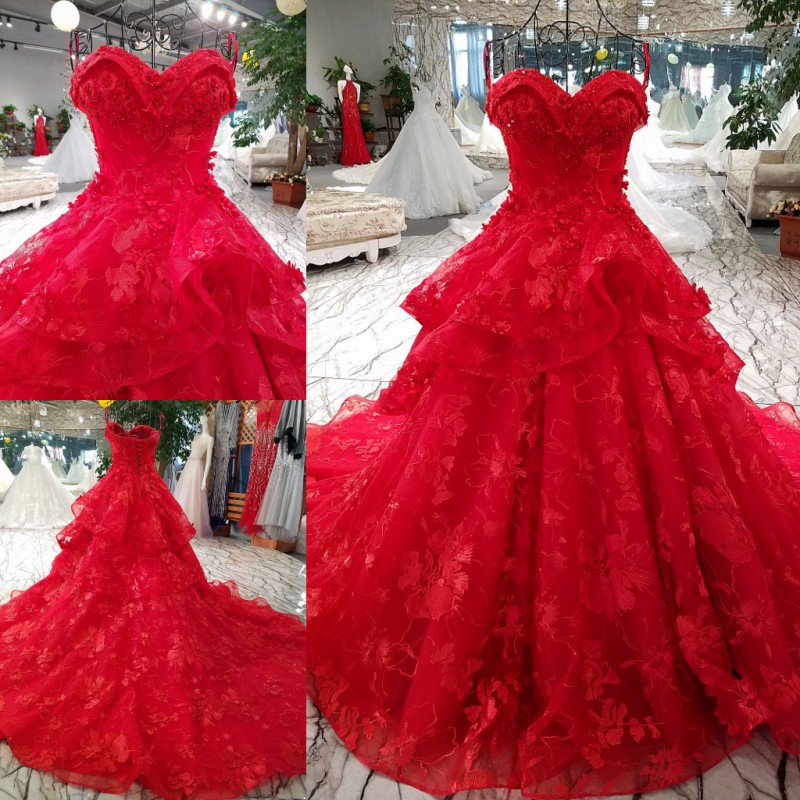 Chine Rouge Dentelle Chérie Applique Perles Robe De Bal Robe De Mariée Robes De Mariée Evénements Robes Taille Personnalisée 6 8 10 12 W307141