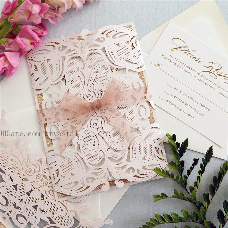 MELISSA ROSE GOLD Glitter - Blush Laser Cut Wedding Invitation with Rose Gold Glitter and Sheer Ribbon - Elegant Laser Cut Invite от DHgate WW