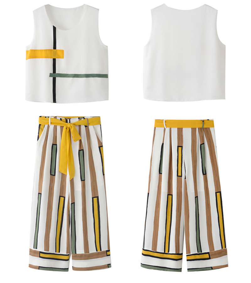 2018 Women Casual Striped Two Piece Set Women Summer Sleeveless Elegant Tank Top Office Lady Work Wide Leg Pants Chiffon Suit