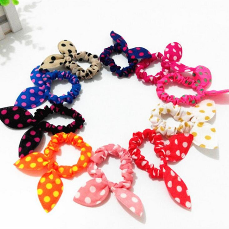 100Pcs/lot Children women Hair Band Cute Polka Dot Bow Rabbit Ears Headband Girl Ring Scrunchy Kids Ponytail Holder Hair Accessories