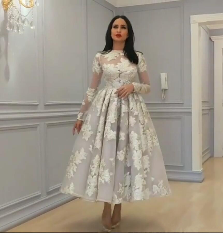 E A African Prom Dresses With Long Sleeves Lace Appliques Tea Length Evening Gowns Saudi Arabic Formal Tail Dress Plus Size Ppliques Rabic