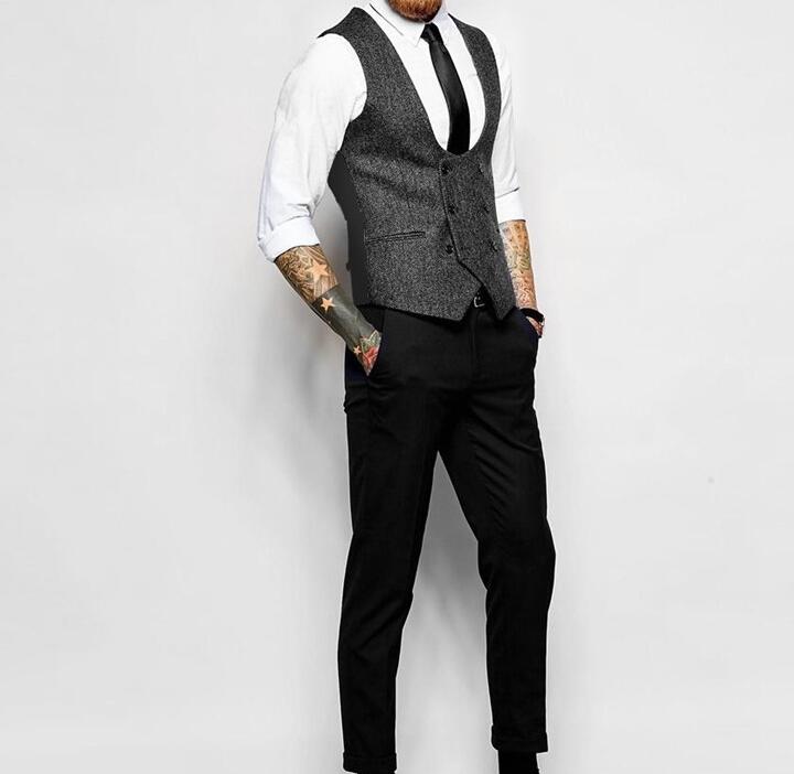 Wool Groom Vests For Wedding Party Dark Gray Vest Slim Fit Men's Vests Custom Made Wool Herringbone Tweed Groom Wear Double Breasted