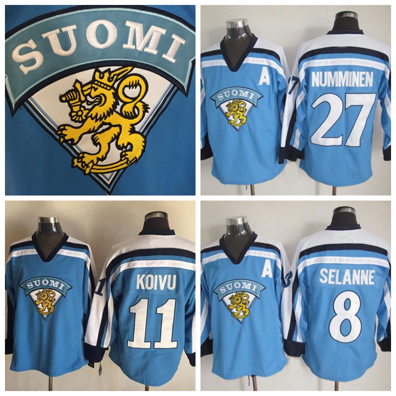 

1998 Team Finland 11 SAKU KOIVU Retro Hockey Jerseys 8 TEEMU SELANNE 27 TEPPO NUMMINEN Vintage Light Blue Hockey Jersey 2002 M, Blue 27