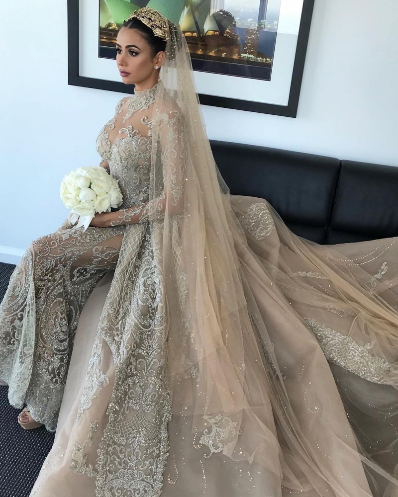 Dubai Arabic Luxury Wedding Dresses With Detachable Skirt High Neck Beads Long Sleeve Illusion Mermaid Wedding Dress Plus Size Bridal Gowns