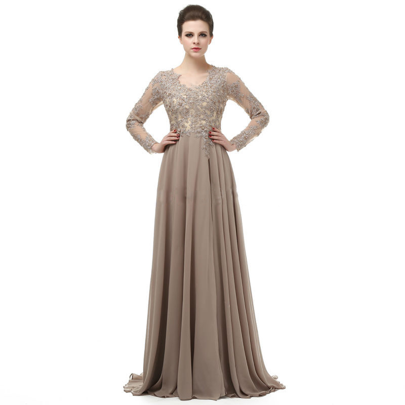 Unique Chiffon Lace Mother of the Bride Dresses Long Sleeves Beaded Brown Evening Gowns Floor Length Mother of the Groom Dresses Custom Made