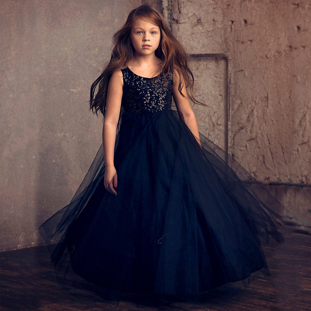 Black Sequin Flower Girl Dresses For Kids Tulle Floor Length Junior Bridesmaids Dresses Christmas Girls Pageant Dress
