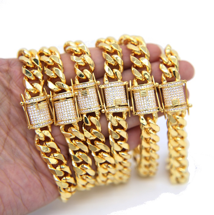 Iced Out Bling cuban necklace set Full Paved cz clasp Hip Hop Necklace bracelet set for Men Miami Cuban Link Gold filled Men's Chain