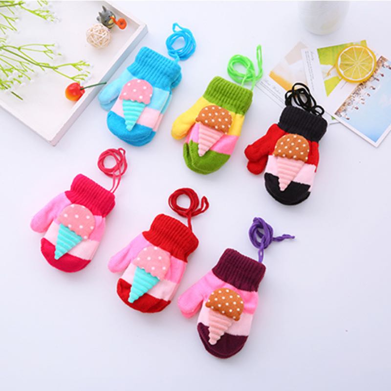 Lovely Baby Colorful Knitted Gloves Ice Cream Rabbit Bear Flower Deer Cute Kids Mitten With Hanging Rope 8 Different Style