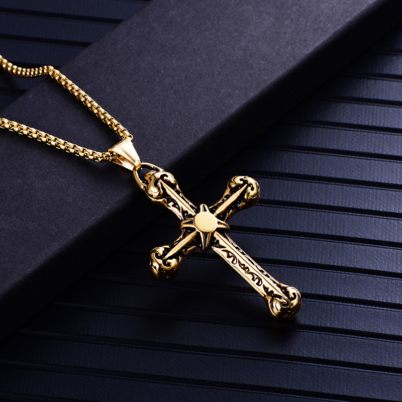 Classic Retro Cross Pendant Necklace 316L Stainless Steel Gold Plated with Sweater Chain Necklace