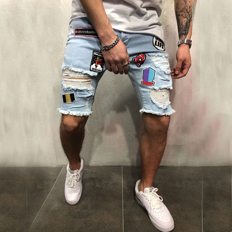 HOT 2018 Fashion Casual Men's affixed cloth embroidery patch hole high street beggar stretch denim hip hop shorts