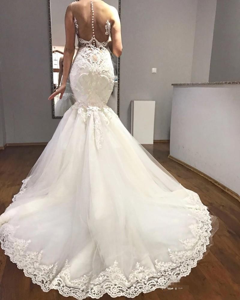Sheer New Arrival Neck Mermaid Dresses Lace Applique Illusion Button Back Garden Wedding Gowns Bridal Dress