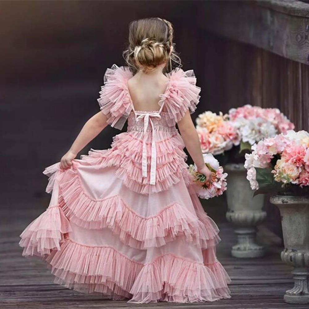 Blush Pink wer Girl For Weddings Ruffle Cute Little Girls Pageant Dress Spaghetti Strap Tulle First Holy Communion Dresses