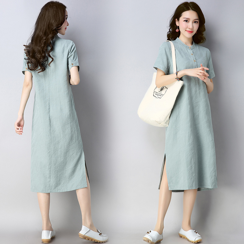 Vintage Straight Dress Summer woman Short Sleeve vestido Solid Color Blue Beige Robe dress Chinese style Casual vestido O neck
Vintage Straight Dress Summer woman Short Sleeve vestido Solid Color Blue Beige Robe dress Chinese style Casual vestido O neck