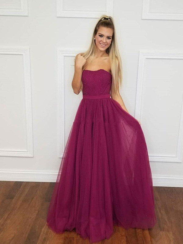 Purple Tulle A-line Prom Dresses with Shiny Sequin Formal Evening Gowns Strapless Floor Length Evening Party Dress
