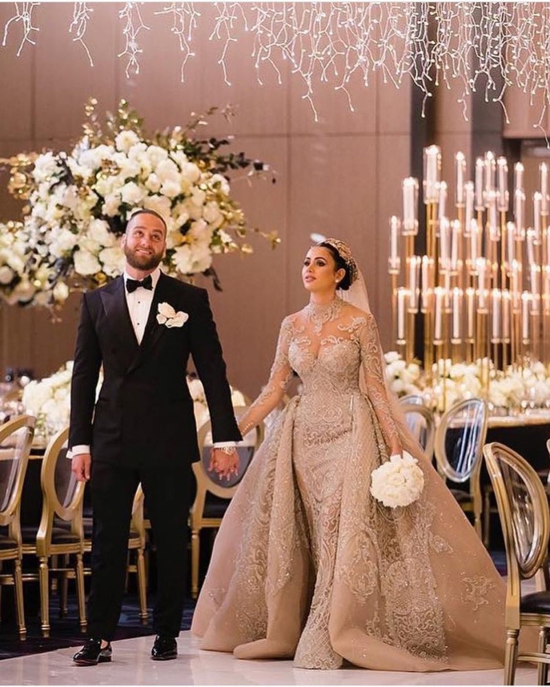 Dubai Arabic Luxury Wedding Dresses With Detachable Skirt High Neck Beads Long Sleeve Illusion Mermaid Wedding Dress Plus Size Bridal Gowns