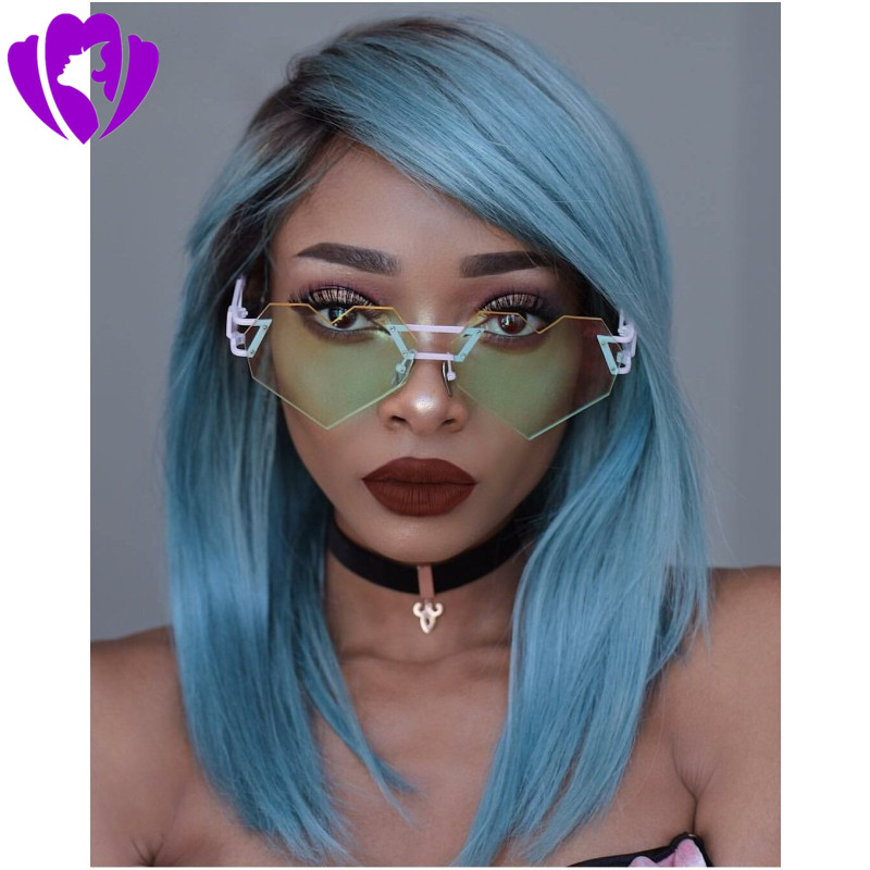 Side part Blue Lace Front Wig Glueless 16Inch Short Ombre Wig With Baby Hair Heat Resistant Synthetic Wigs For black Women