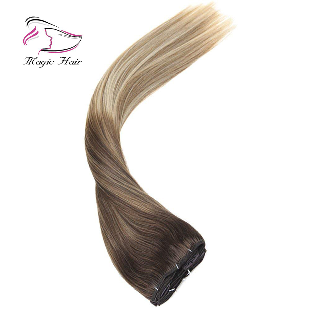 Clip in Hair Extension Human Hair Ombre #4 Dark Brown Mix #6 Medium Brown Fading to #22 Medium Blonde Full Head 7pcs/120g