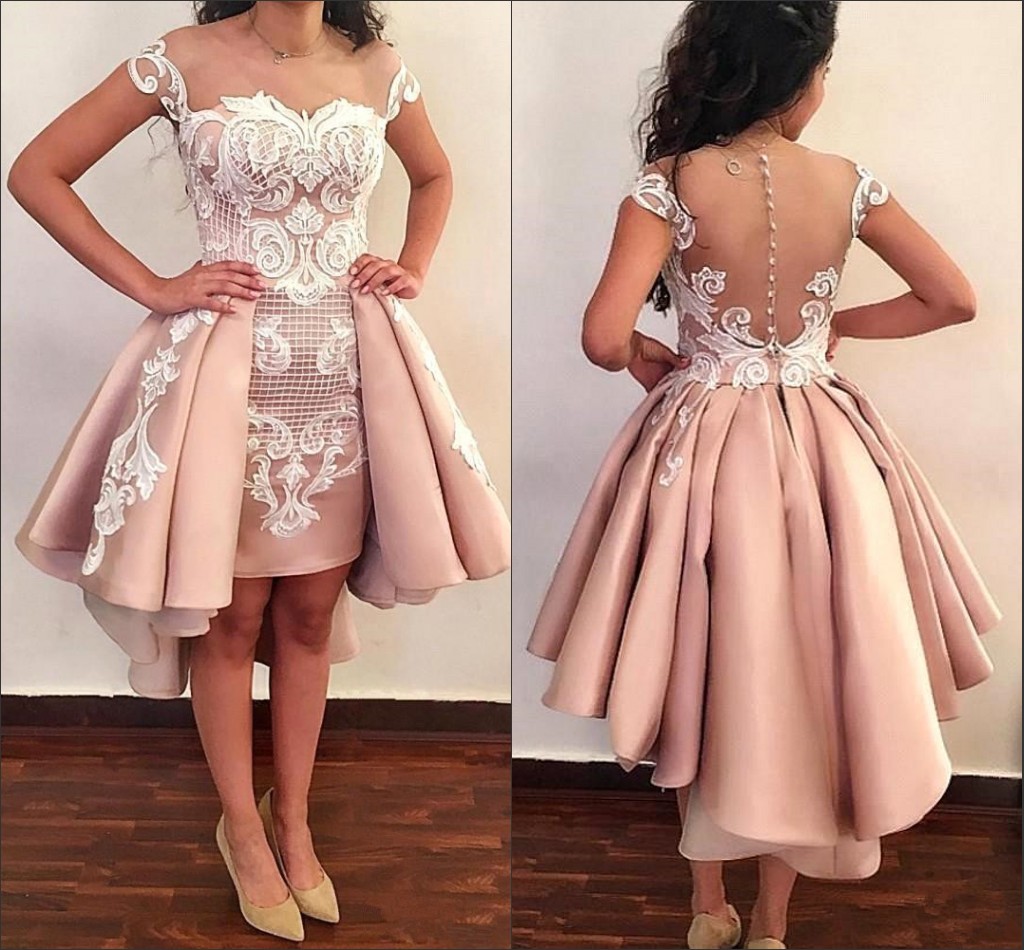 Sheer Mesh Top Satin Cocktail Dresses 2019 Lace Applique Over Skirts Formal High Low Sheer Back Party Short Prom Gowns With Buttons BA8007, Sage
Sheer Mesh Top Satin Cocktail Dresses 2019 Lace Applique Over Skirts Formal High Low Sheer Back Party Short Prom Gowns With Buttons BA8007, Sage