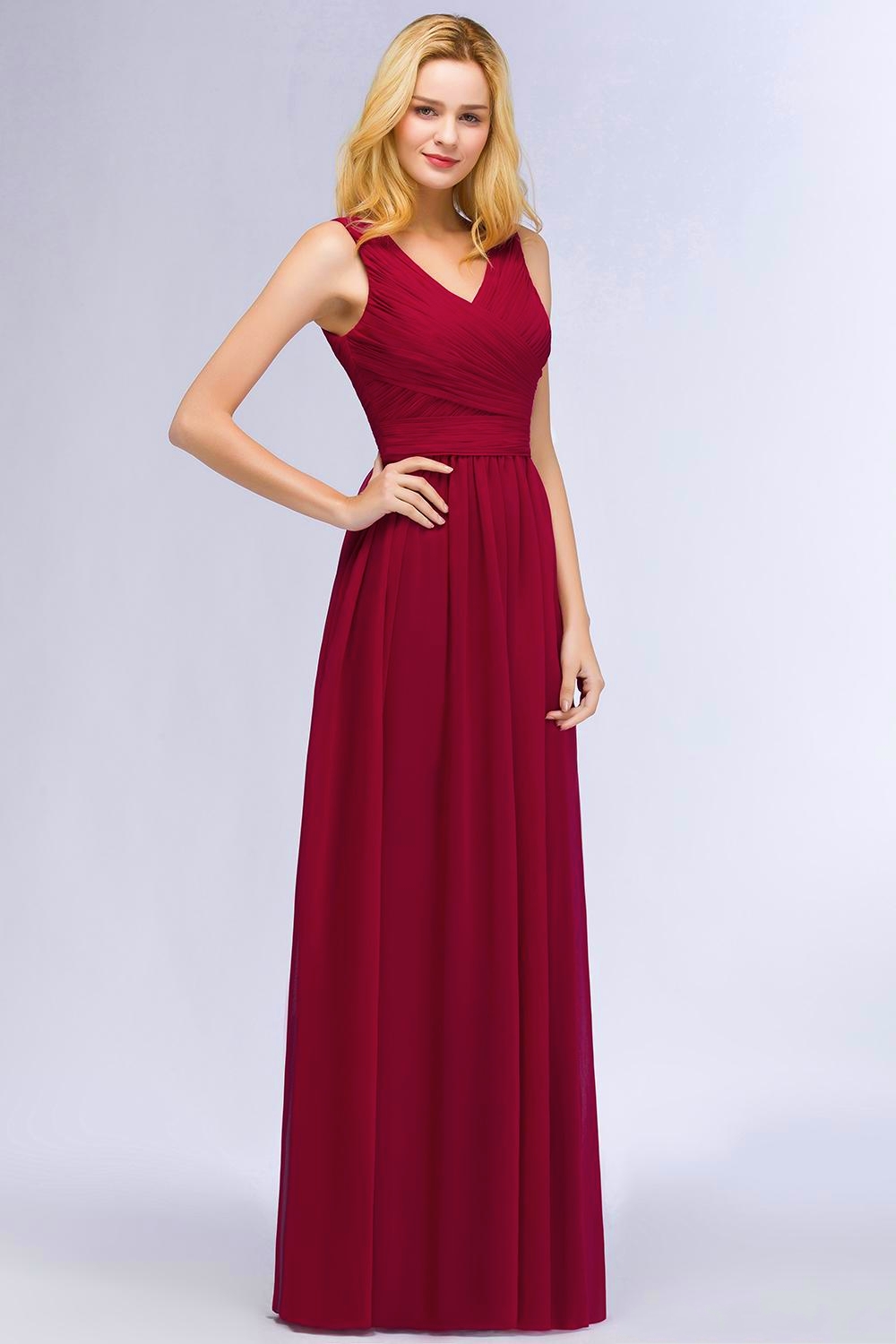 Burgundy A Line Chiffon Long Bridesmaid Dresses Sleeveless Ruffle Wedding Party Wear With Zipper Back Maid Of Honor Gowns HY4246