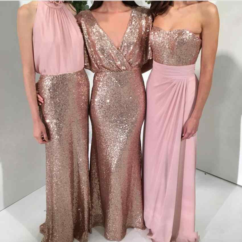 Sequins New Sexy Bling Mermaid Bridesmaid Dresses Mixed Styles Rose Gold And Pink Floor Length Prom Maid Of Honor Wedding Guest Gowns
