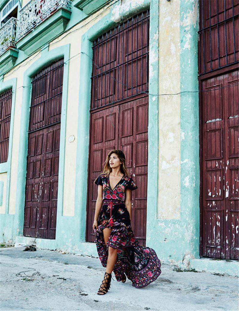 2016 New Women Summer V Neck Vintage Boho Long Maxi Floral National Chiffon Dress Party Beach Dress Floral Sundress