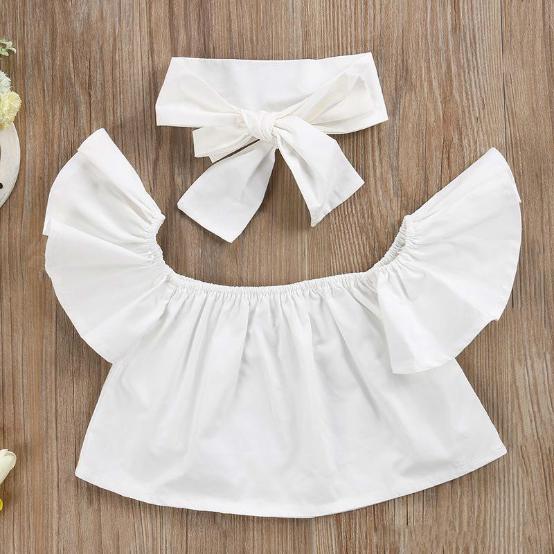 New 3PCS Set Cute Baby Girls Fashion Children Girls Clothes Off Shoulder Crop Tops White Hole Denim Pant Jean Headband 3PCS Toddler Set