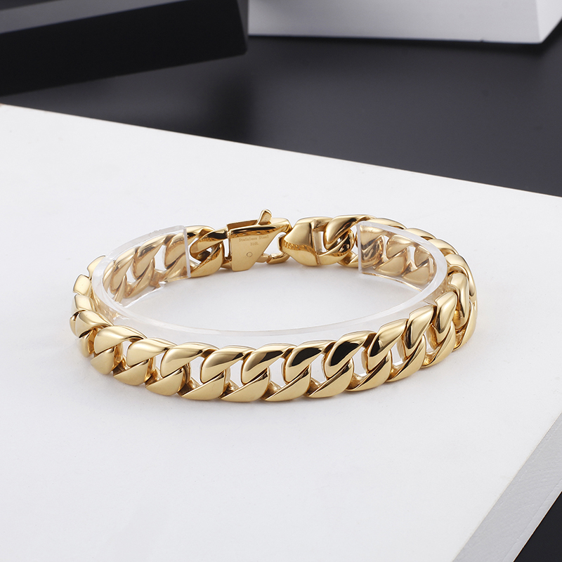 23cm 9 inch 12mm GoldPlated Chain Bracelet Fashion Stainless Steel Cuban curb Link Chain Bangle Women Mens Jewlery