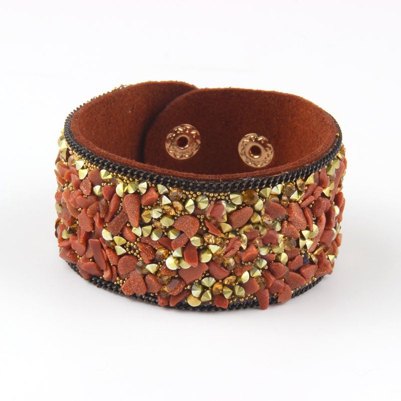 Irregular Natural Stone Bangle Hand Made PU Leather Bracelets Crystal Gravel Stones Bracelet Korean Velvet Width 3cm