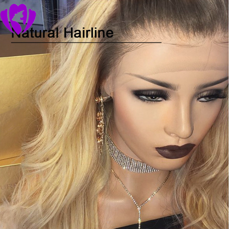 Middle Part 10-30inches long Ombre Blonde Wig With Dark Roots Blonde Lace Front Wig Synthetic Hair Heat Resistant Body Wave For Women