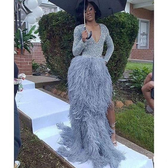 luxury split feather prom dresses deep v neck long sleeve sequined beads formal dress evening wear sweep train party pageant gowns