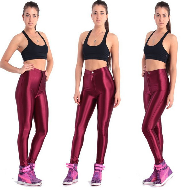 Women Fashion Brand New High Waist Candy Color Shiny Dance Disco Pants American A Pencil Workout Pants Hot Plus Size XL