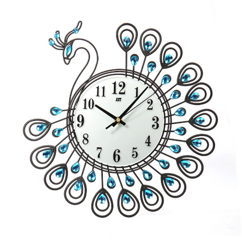 Home Decor Creative Gold Peacock Large Wall Clock Metal Living Room Wall Watch