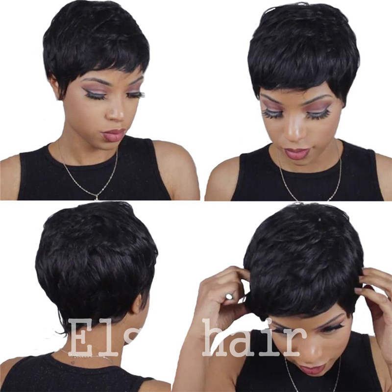 

Human Real Hair Short Pixie cut Wig Peruvian Full Machine made Glueless None Lace front African American Bob Wigs, Color 1b