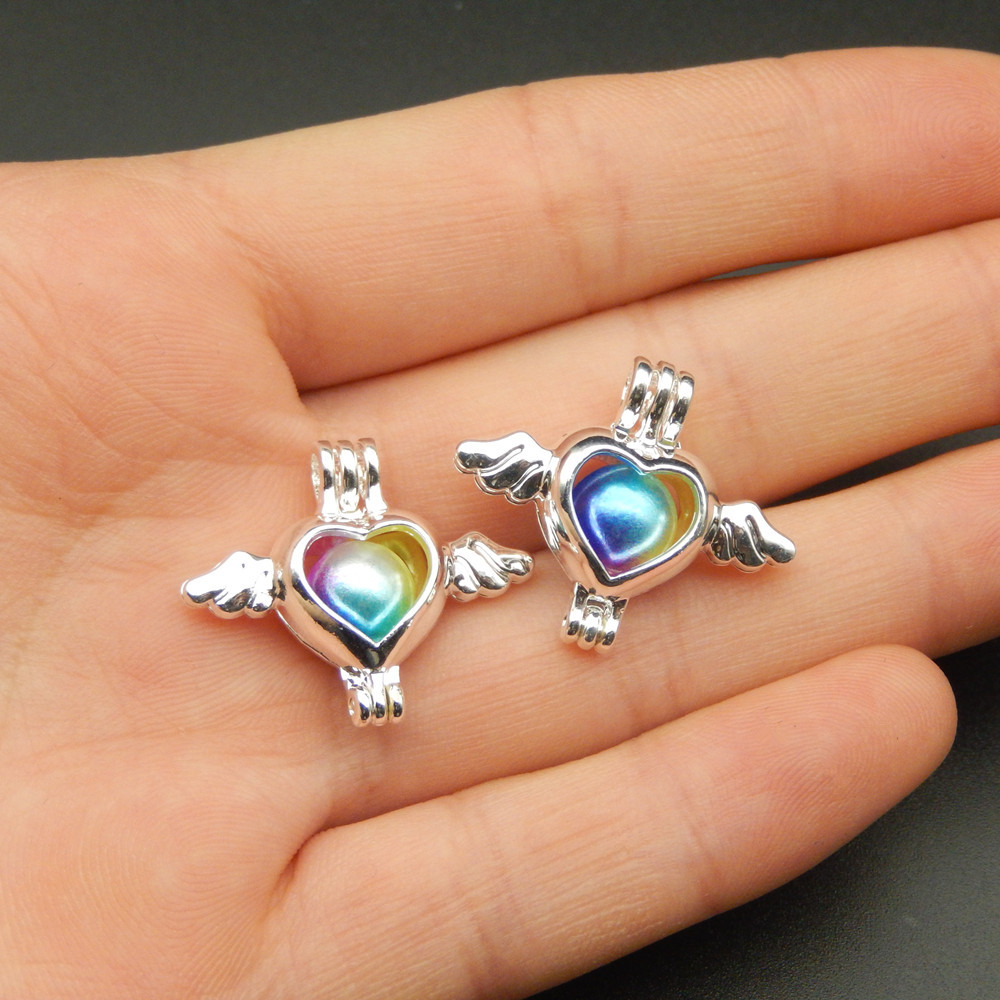 Pendentif de collier de cage de perle, diffuseur d'huiles essentielles, ange en forme d'aile en forme de cœur, plaqué d'argent 10 PC, plus votre