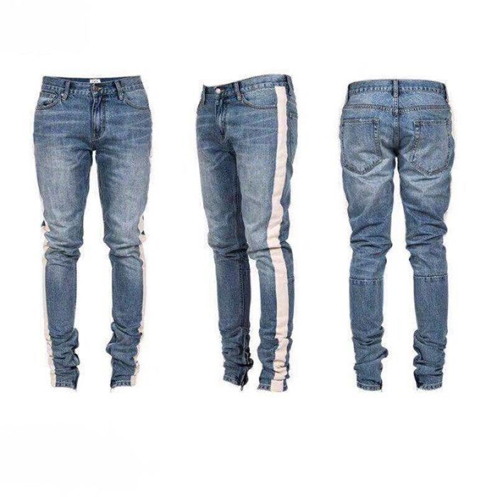 New Mens Hip Hop Ripped Jeans 2018 Destroyed Hole Skinny Biker Jeans White stripe stitching Zipper Decorated Black Light Blue Denim Pants