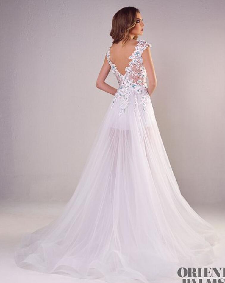 Tony Chaaya White Evening Dresses V Neck Lace Applique Backless Side Split Sexy Prom Dress Evening Sweep Train Plus Size Formal Dress Party