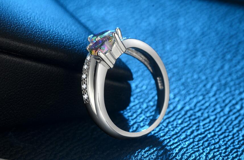 Hot Sell Cute Fashion Jewelry 925 Sterling Silver Double Heart Color Rianbow Gemstones Women Wedding Engagement Band Ring For Lovers' Gift